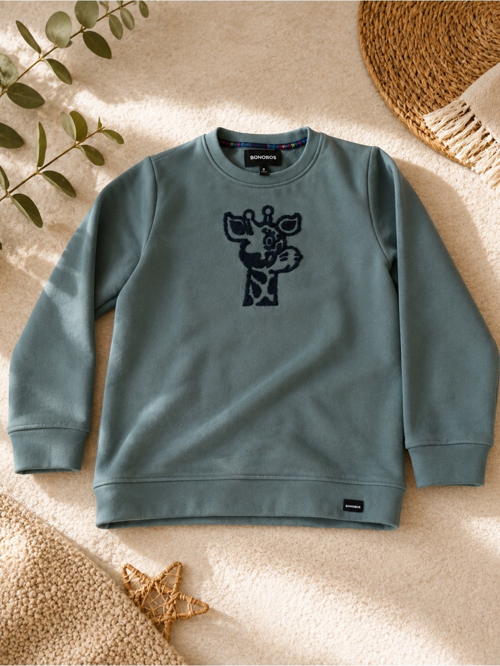 Bonobos Kids Slate Green Crewneck Sweatshirt with Navy Giraffe